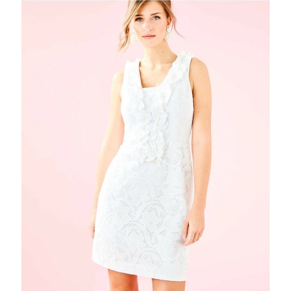 Lilly Pulitzer Kiera Shift Dress White Lace Pearl Ruffle Bride‎ Preppy Womens 0